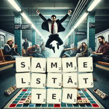Kreative Illustration für ein Scrabble-Spiel, bei dem das Wort SAMMELSTÄTTEN mit Steinen auf dem Brett gelegt wurde.