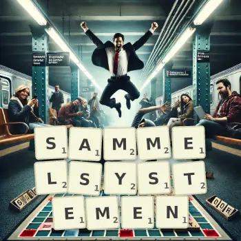 Kreative Illustration für ein Scrabble-Spiel, bei dem das Wort SAMMELSYSTEMEN mit Steinen auf dem Brett gelegt wurde.