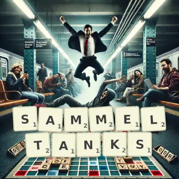 Kreative Illustration für ein Scrabble-Spiel, bei dem das Wort SAMMELTANKS mit Steinen auf dem Brett gelegt wurde.
