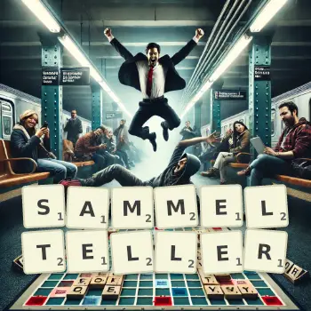Kreative Illustration für ein Scrabble-Spiel, bei dem das Wort SAMMELTELLER mit Steinen auf dem Brett gelegt wurde.