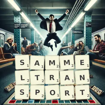 Kreative Illustration für ein Scrabble-Spiel, bei dem das Wort SAMMELTRANSPORT mit Steinen auf dem Brett gelegt wurde.