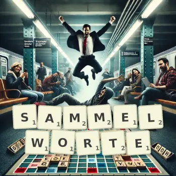 Kreative Illustration für ein Scrabble-Spiel, bei dem das Wort SAMMELWORTE mit Steinen auf dem Brett gelegt wurde.