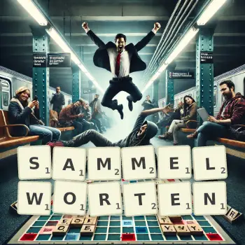 Kreative Illustration für ein Scrabble-Spiel, bei dem das Wort SAMMELWORTEN mit Steinen auf dem Brett gelegt wurde.