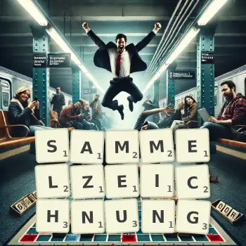 Kreative Illustration für ein Scrabble-Spiel, bei dem das Wort SAMMELZEICHNUNG mit Steinen auf dem Brett gelegt wurde.
