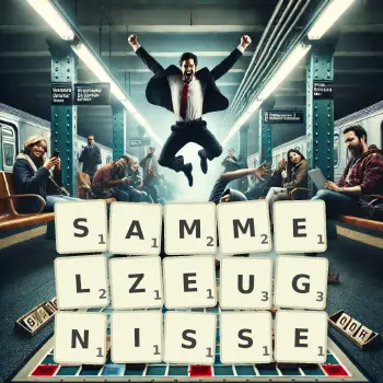 Kreative Illustration für ein Scrabble-Spiel, bei dem das Wort SAMMELZEUGNISSE mit Steinen auf dem Brett gelegt wurde.