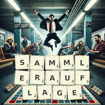 Kreative Illustration für ein Scrabble-Spiel, bei dem das Wort SAMMLERAUFLAGE mit Steinen auf dem Brett gelegt wurde.