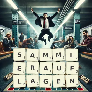 Kreative Illustration für ein Scrabble-Spiel, bei dem das Wort SAMMLERAUFLAGEN mit Steinen auf dem Brett gelegt wurde.