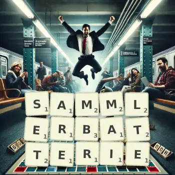 Kreative Illustration für ein Scrabble-Spiel, bei dem das Wort SAMMLERBATTERIE mit Steinen auf dem Brett gelegt wurde.