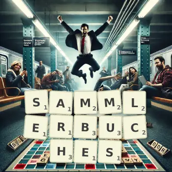 Kreative Illustration für ein Scrabble-Spiel, bei dem das Wort SAMMLERBUCHES mit Steinen auf dem Brett gelegt wurde.