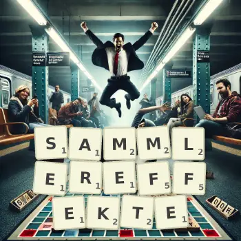 Kreative Illustration für ein Scrabble-Spiel, bei dem das Wort SAMMLEREFFEKTE mit Steinen auf dem Brett gelegt wurde.
