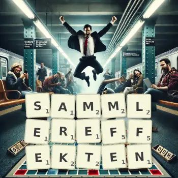 Kreative Illustration für ein Scrabble-Spiel, bei dem das Wort SAMMLEREFFEKTEN mit Steinen auf dem Brett gelegt wurde.