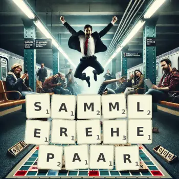 Kreative Illustration für ein Scrabble-Spiel, bei dem das Wort SAMMLEREHEPAAR mit Steinen auf dem Brett gelegt wurde.