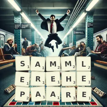 Kreative Illustration für ein Scrabble-Spiel, bei dem das Wort SAMMLEREHEPAARE mit Steinen auf dem Brett gelegt wurde.