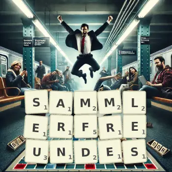Kreative Illustration für ein Scrabble-Spiel, bei dem das Wort SAMMLERFREUNDES mit Steinen auf dem Brett gelegt wurde.