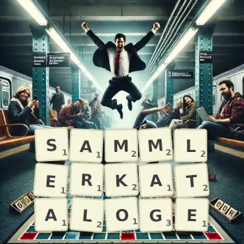 Kreative Illustration für ein Scrabble-Spiel, bei dem das Wort SAMMLERKATALOGE mit Steinen auf dem Brett gelegt wurde.