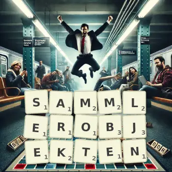 Kreative Illustration für ein Scrabble-Spiel, bei dem das Wort SAMMLEROBJEKTEN mit Steinen auf dem Brett gelegt wurde.