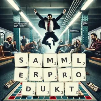 Kreative Illustration für ein Scrabble-Spiel, bei dem das Wort SAMMLERPRODUKT mit Steinen auf dem Brett gelegt wurde.
