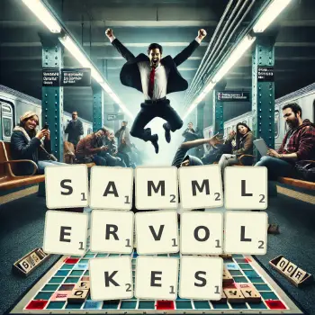 Kreative Illustration für ein Scrabble-Spiel, bei dem das Wort SAMMLERVOLKES mit Steinen auf dem Brett gelegt wurde.