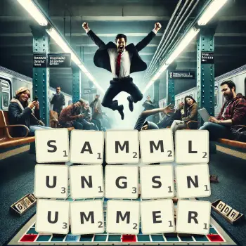 Kreative Illustration für ein Scrabble-Spiel, bei dem das Wort SAMMLUNGSNUMMER mit Steinen auf dem Brett gelegt wurde.