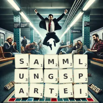 Kreative Illustration für ein Scrabble-Spiel, bei dem das Wort SAMMLUNGSPARTEI mit Steinen auf dem Brett gelegt wurde.