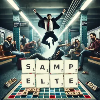 Kreative Illustration für ein Scrabble-Spiel, bei dem das Wort SAMPELTE mit Steinen auf dem Brett gelegt wurde.