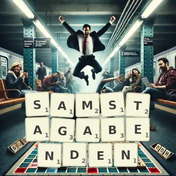 Kreative Illustration für ein Scrabble-Spiel, bei dem das Wort SAMSTAGABENDEN mit Steinen auf dem Brett gelegt wurde.