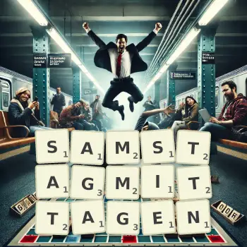 Kreative Illustration für ein Scrabble-Spiel, bei dem das Wort SAMSTAGMITTAGEN mit Steinen auf dem Brett gelegt wurde.