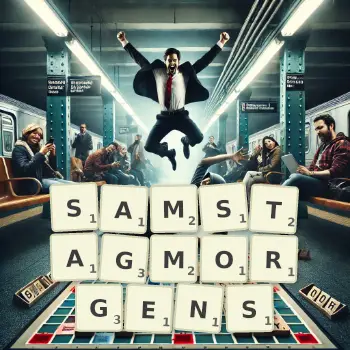 Kreative Illustration für ein Scrabble-Spiel, bei dem das Wort SAMSTAGMORGENS mit Steinen auf dem Brett gelegt wurde.