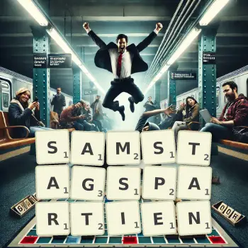 Kreative Illustration für ein Scrabble-Spiel, bei dem das Wort SAMSTAGSPARTIEN mit Steinen auf dem Brett gelegt wurde.