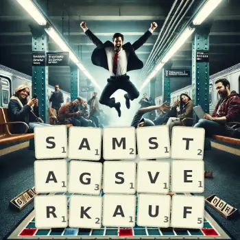 Kreative Illustration für ein Scrabble-Spiel, bei dem das Wort SAMSTAGSVERKAUF mit Steinen auf dem Brett gelegt wurde.