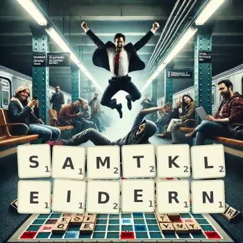 Kreative Illustration für ein Scrabble-Spiel, bei dem das Wort SAMTKLEIDERN mit Steinen auf dem Brett gelegt wurde.