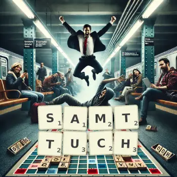 Kreative Illustration für ein Scrabble-Spiel, bei dem das Wort SAMTTUCH mit Steinen auf dem Brett gelegt wurde.