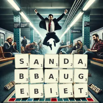 Kreative Illustration für ein Scrabble-Spiel, bei dem das Wort SANDABBAUGEBIET mit Steinen auf dem Brett gelegt wurde.