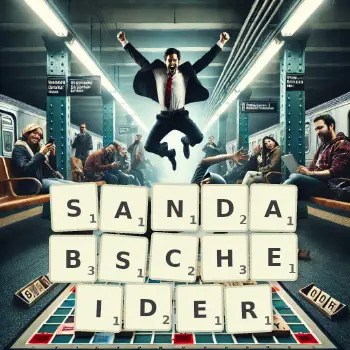 Kreative Illustration für ein Scrabble-Spiel, bei dem das Wort SANDABSCHEIDER mit Steinen auf dem Brett gelegt wurde.