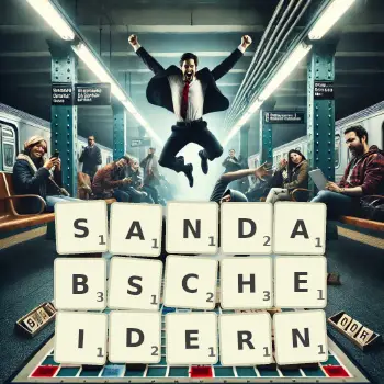 Kreative Illustration für ein Scrabble-Spiel, bei dem das Wort SANDABSCHEIDERN mit Steinen auf dem Brett gelegt wurde.