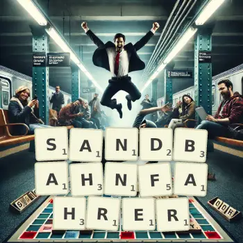 Kreative Illustration für ein Scrabble-Spiel, bei dem das Wort SANDBAHNFAHRER mit Steinen auf dem Brett gelegt wurde.