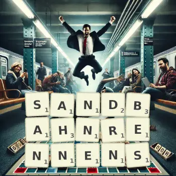 Kreative Illustration für ein Scrabble-Spiel, bei dem das Wort SANDBAHNRENNENS mit Steinen auf dem Brett gelegt wurde.