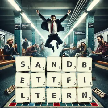 Kreative Illustration für ein Scrabble-Spiel, bei dem das Wort SANDBETTFILTERN mit Steinen auf dem Brett gelegt wurde.