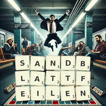Kreative Illustration für ein Scrabble-Spiel, bei dem das Wort SANDBLATTFEILEN mit Steinen auf dem Brett gelegt wurde.