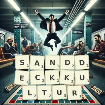 Kreative Illustration für ein Scrabble-Spiel, bei dem das Wort SANDDECKKULTUR mit Steinen auf dem Brett gelegt wurde.