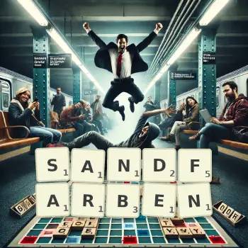 Kreative Illustration für ein Scrabble-Spiel, bei dem das Wort SANDFARBEN mit Steinen auf dem Brett gelegt wurde.