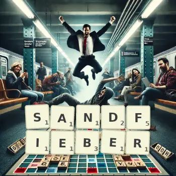 Kreative Illustration für ein Scrabble-Spiel, bei dem das Wort SANDFIEBER mit Steinen auf dem Brett gelegt wurde.