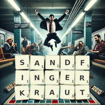Kreative Illustration für ein Scrabble-Spiel, bei dem das Wort SANDFINGERKRAUT mit Steinen auf dem Brett gelegt wurde.