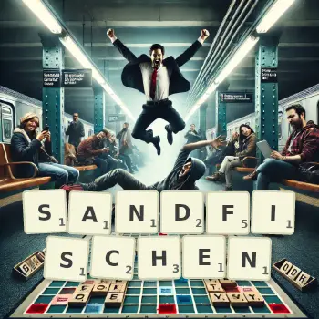 Kreative Illustration für ein Scrabble-Spiel, bei dem das Wort SANDFISCHEN mit Steinen auf dem Brett gelegt wurde.