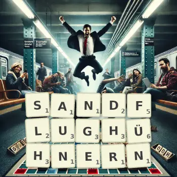Kreative Illustration für ein Scrabble-Spiel, bei dem das Wort SANDFLUGHÜHNERN mit Steinen auf dem Brett gelegt wurde.