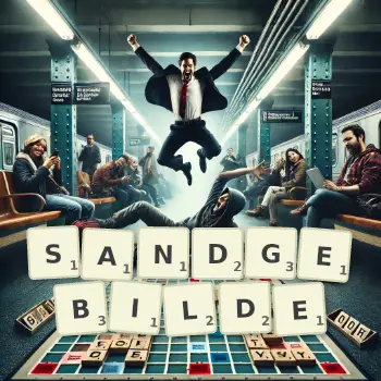 Kreative Illustration für ein Scrabble-Spiel, bei dem das Wort SANDGEBILDE mit Steinen auf dem Brett gelegt wurde.