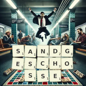 Kreative Illustration für ein Scrabble-Spiel, bei dem das Wort SANDGESCHOSSE mit Steinen auf dem Brett gelegt wurde.
