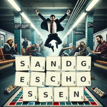 Kreative Illustration für ein Scrabble-Spiel, bei dem das Wort SANDGESCHOSSEN mit Steinen auf dem Brett gelegt wurde.