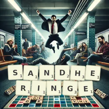 Kreative Illustration für ein Scrabble-Spiel, bei dem das Wort SANDHERINGE mit Steinen auf dem Brett gelegt wurde.