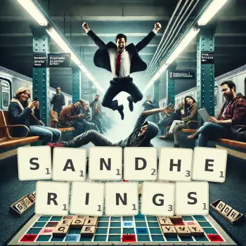 Kreative Illustration für ein Scrabble-Spiel, bei dem das Wort SANDHERINGS mit Steinen auf dem Brett gelegt wurde.